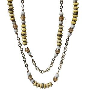 Vintage Boho Beaded Multi Strand Necklace Gold Tone Yellow White Beads Jewelry